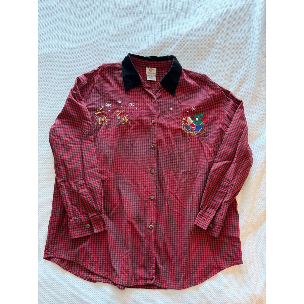 Nutcracker Mens Christmas Gingham Shirt Red Black Velvet Collar‎ Santa XL